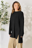Basic Bae Full Size Ribbed Round Neck Long Sleeve Slit Top 