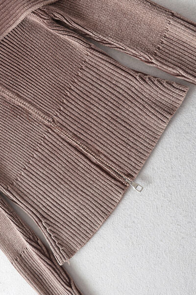 Double Take Ribbed Off-Shoulder Zip Up Long Sleeve Cardigan 