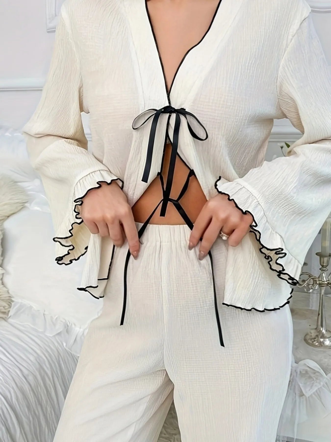 Contrast Trim Bow Tie Shirt and Pants Lounge Set Lingerie & Nightwear