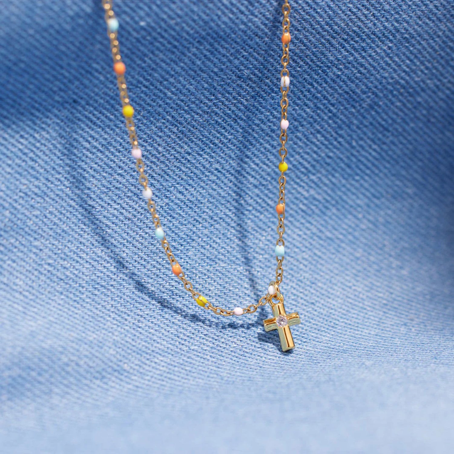 Inlaid Zircon 18K Gold-Plated Cross Bead Necklace 
