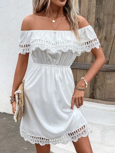 Shiny Ruched Lace Detail Off-Shoulder Dress Dresses
