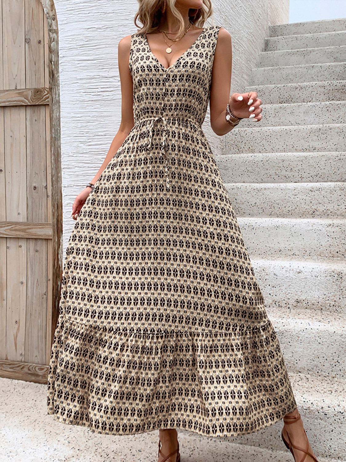 Perfee Printed V-Neck Tie Waist Midi Dress 