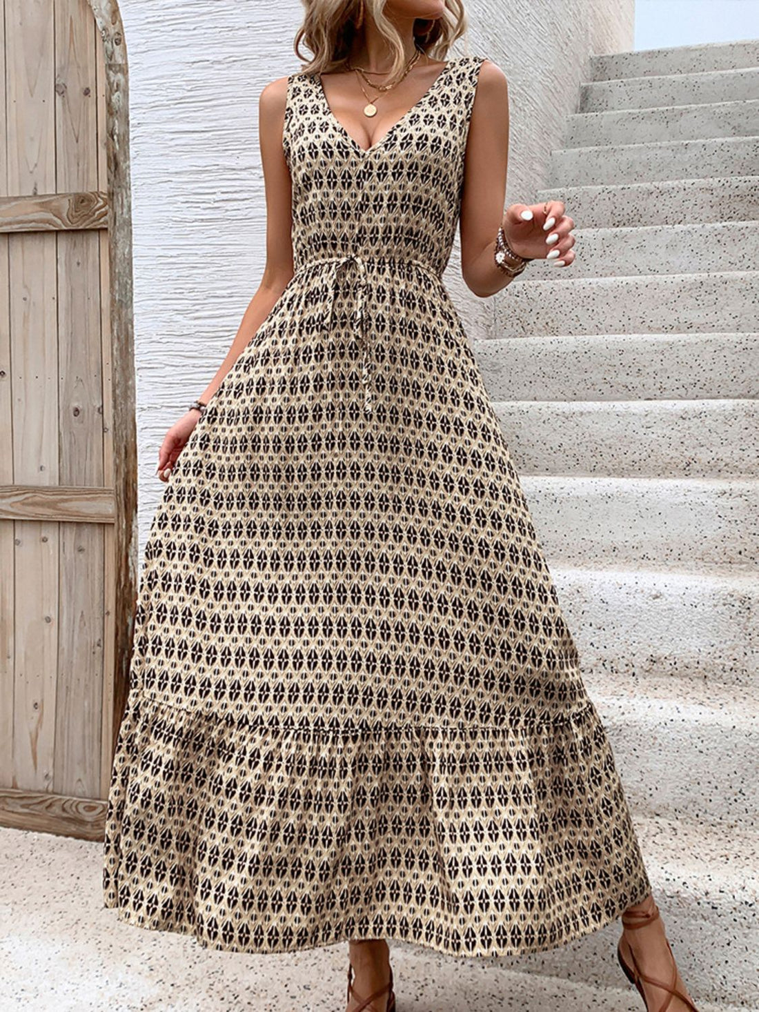 Perfee Printed V-Neck Tie Waist Midi Dress 