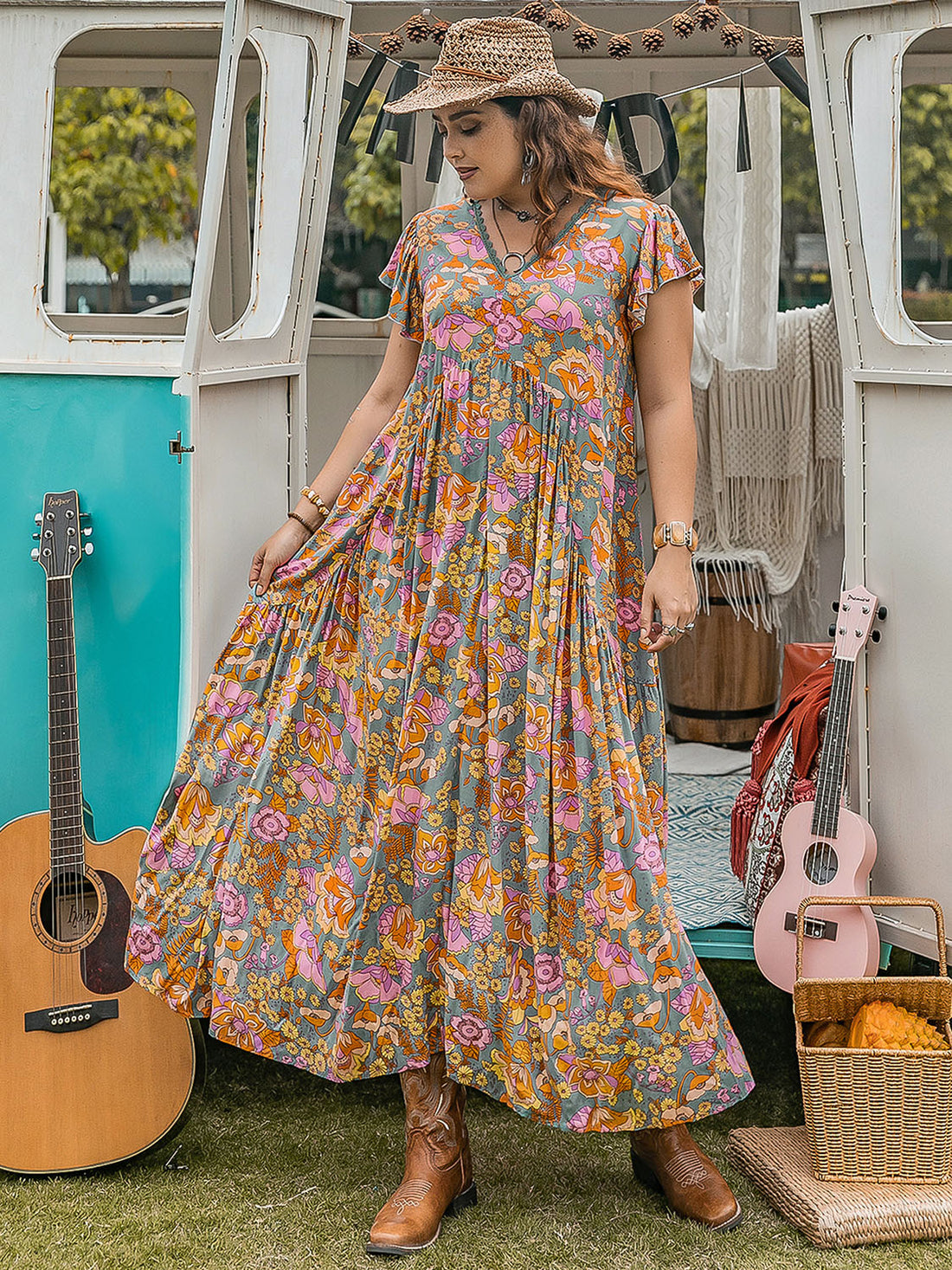 Plus Size Ruffled Printed Cap Sleeve Dress 