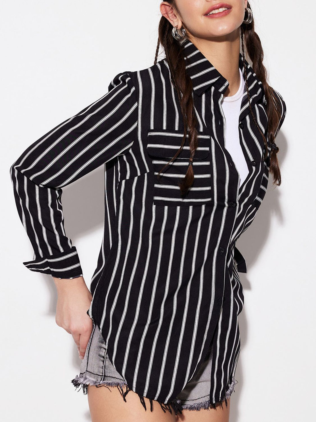 Striped Collared Neck Long Sleeve Shirt 