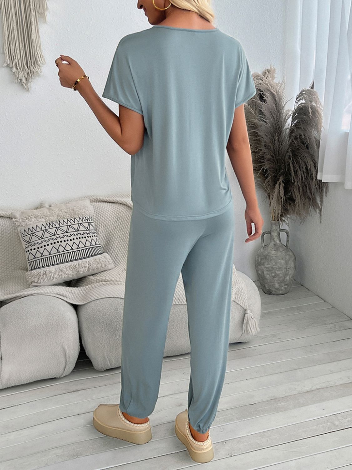 Devine V-Neck Short Sleeve Top and Pants Set 