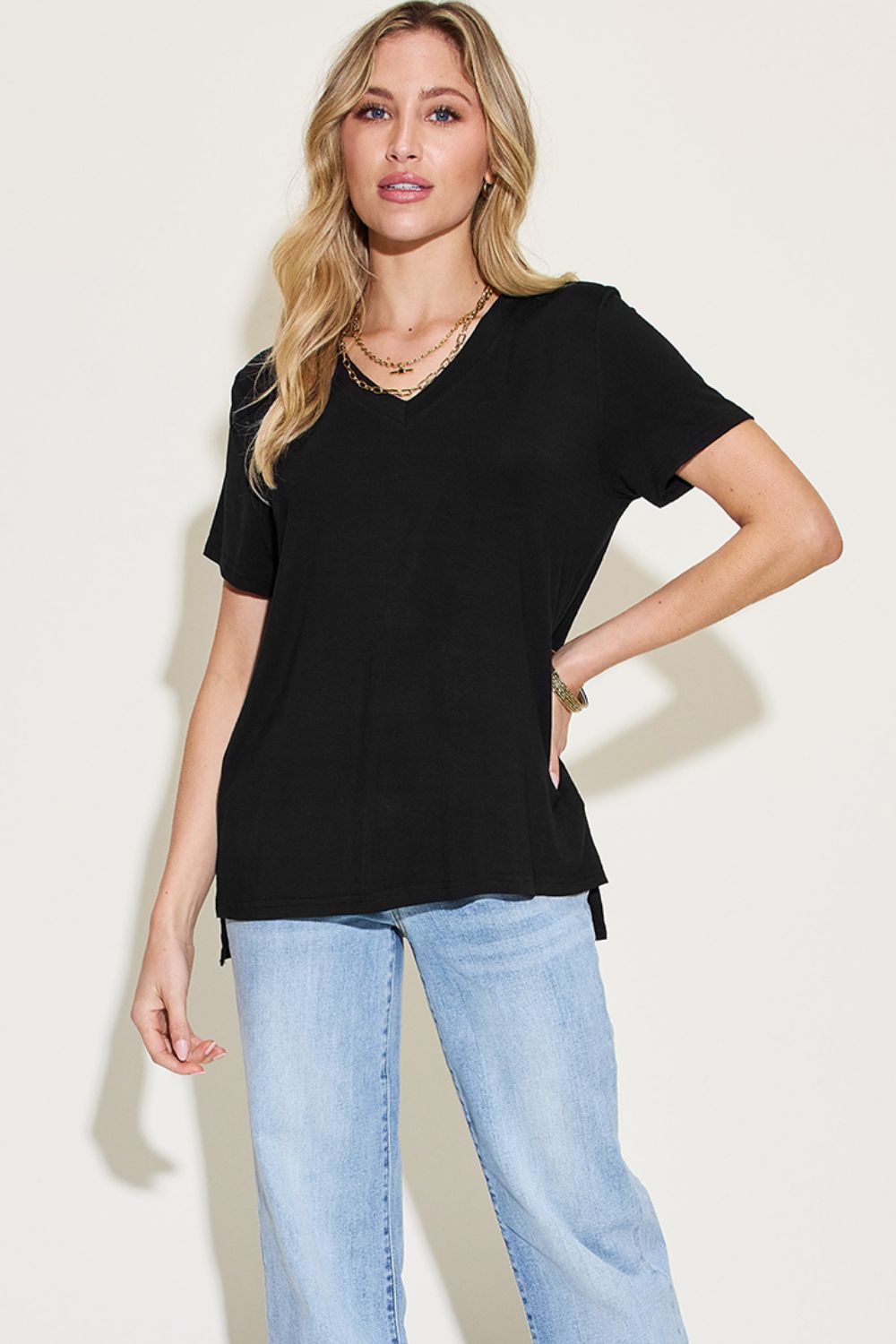 Basic Bae Full Size V-Neck High-Low T-Shirt 
