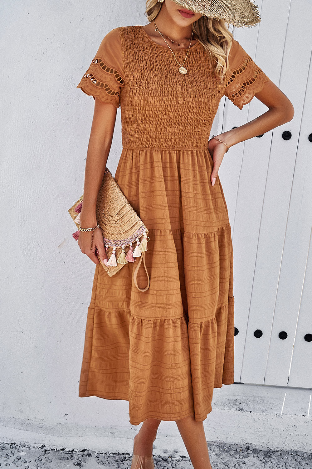 Devine Smocked Round Neck Short Sleeve Midi Dress 