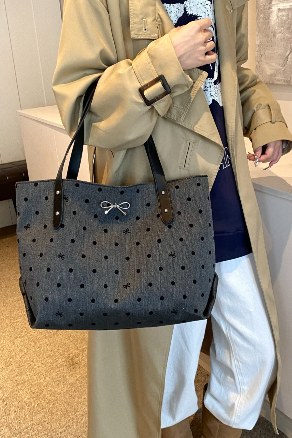 Polyester Bow Polka Dot Tote Bag 