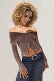 Double Take Ribbed Off-Shoulder Zip Up Long Sleeve Cardigan 
