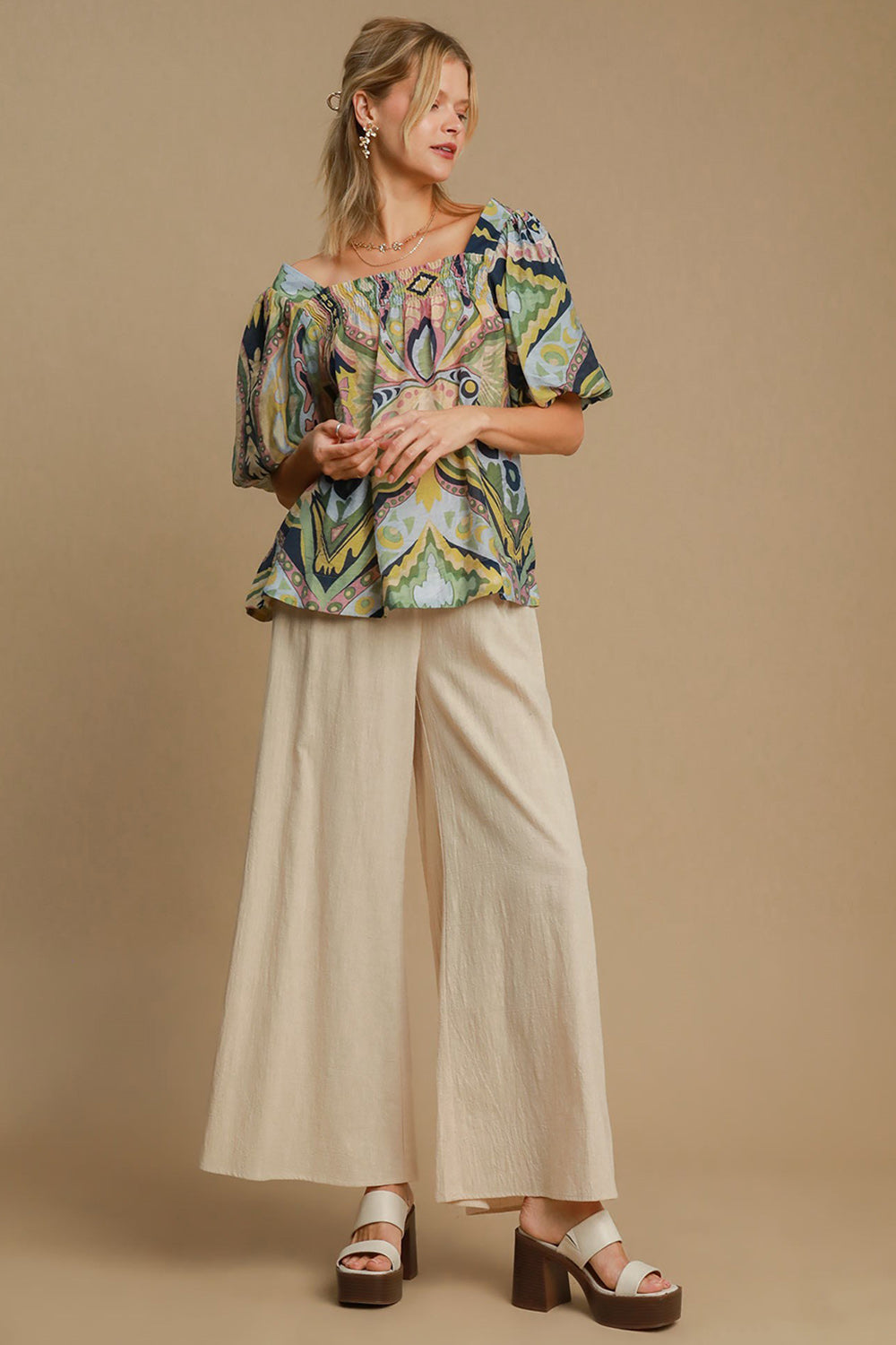 Umgee Full Size Abstract Print Smocked Square Neck Puff Sleeve Blouse 