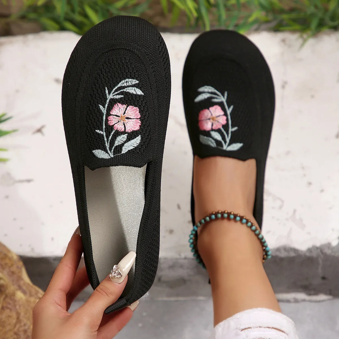 Embroidered Mesh Slip-Ons 