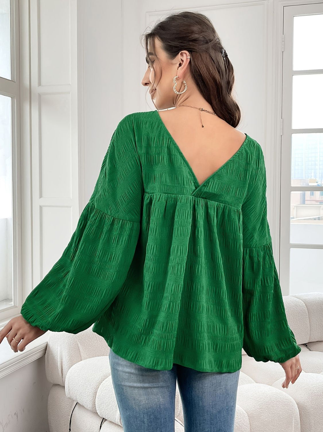 Plus Size Texture V-Neck Long Sleeve Top 