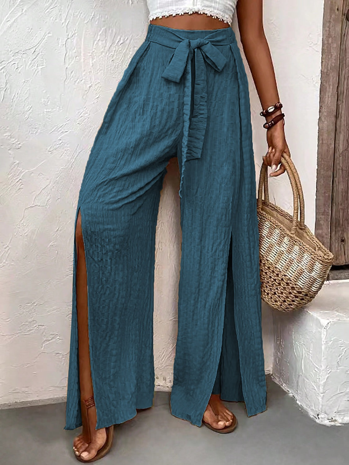 Honey Tied Slit Wide Leg Pants 