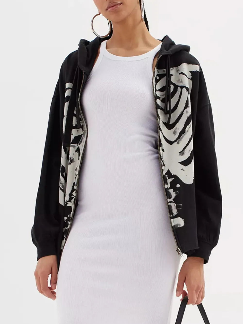 Skeleton Zip Up Drawstring Hoodie 