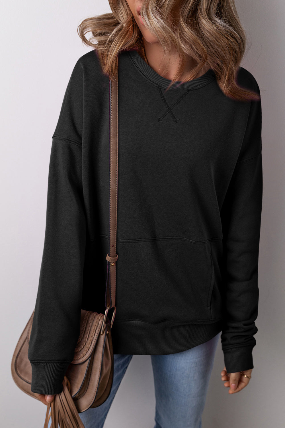 Solid Color Round Neck Long Sleeve Sweatshirt 