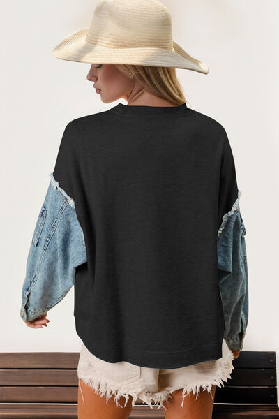 Double Take Raw Edge Star Contrast Sweatshirt 