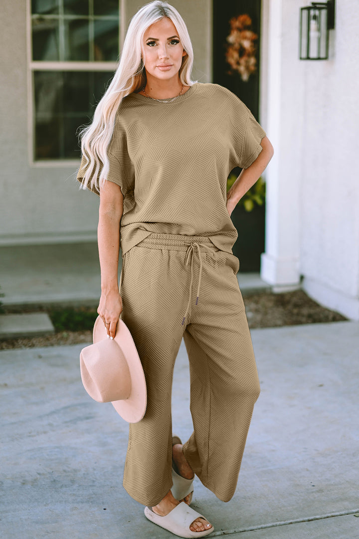Double Take Full Size Texture Short Sleeve Top and Pants Set 