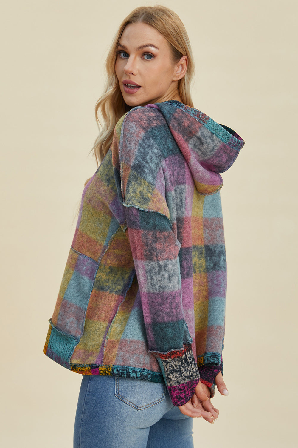 Double Take Full Size Plaid Dropped Shoulder Fleece Hoodie 