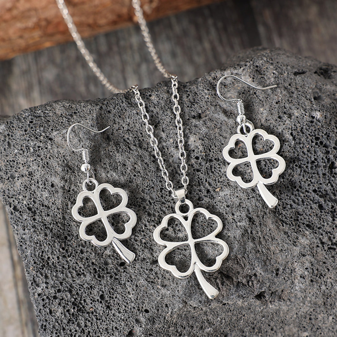 Lucky Clover Alloy Earrings and Necklace Jewelry Set 