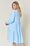 Double Take Full Size V-Neck Balloon Sleeve Tiered Dress with Pockets 