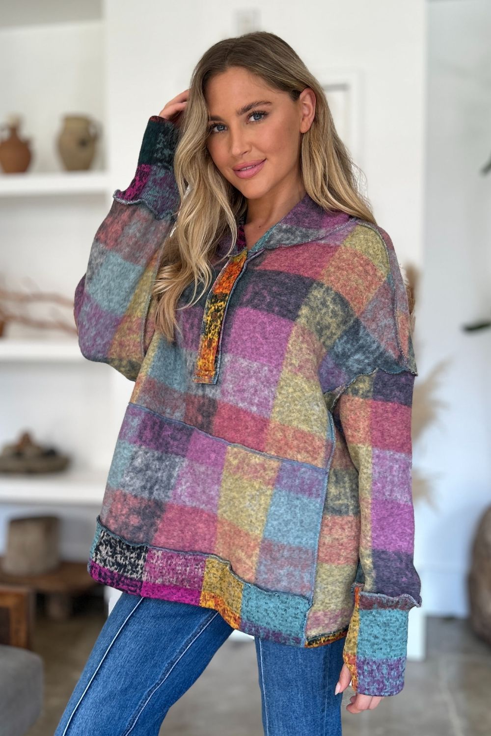Double Take Full Size Plaid Dropped Shoulder Fleece Hoodie 