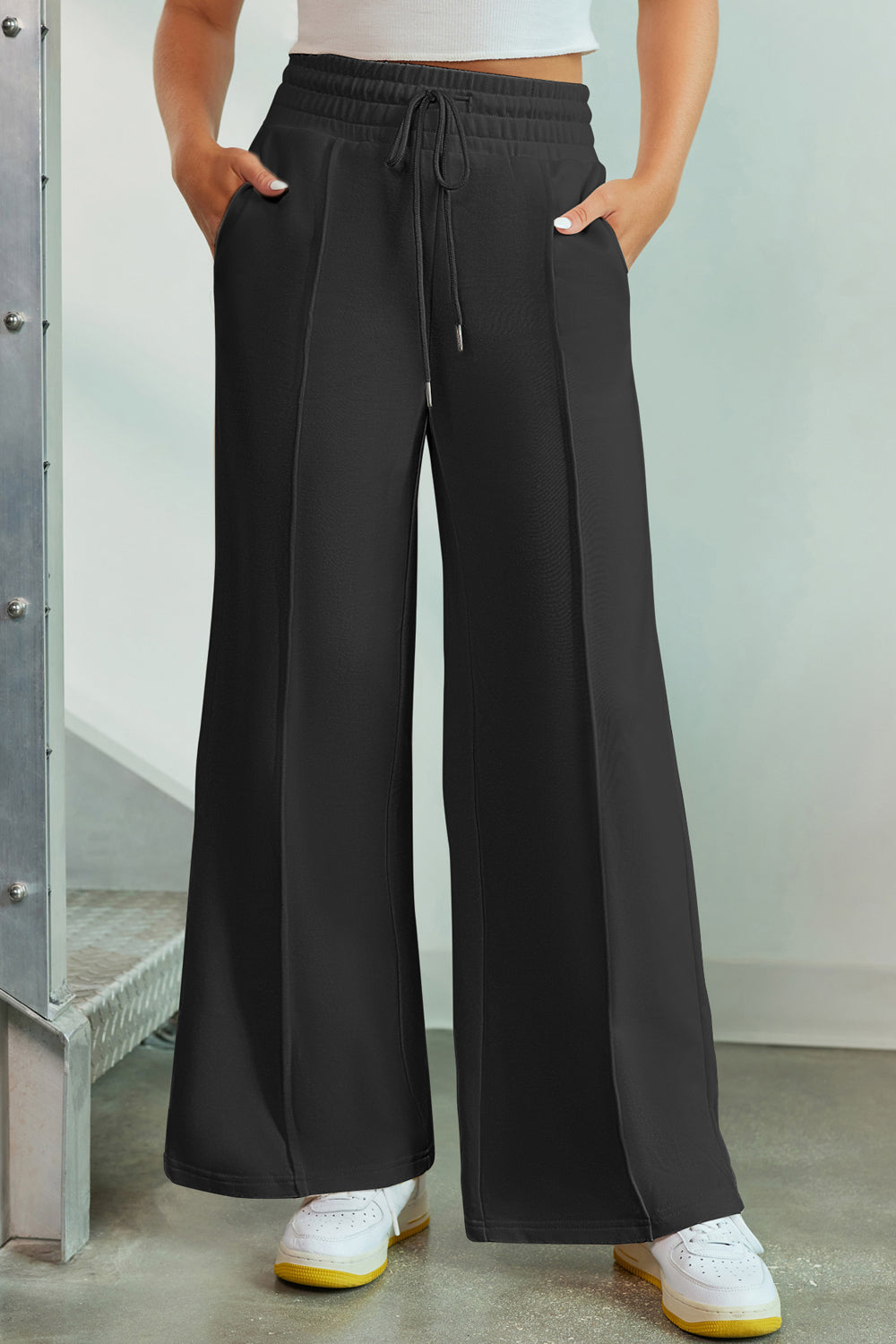 Drawstring Wide Leg Pants with Pockets Flares
