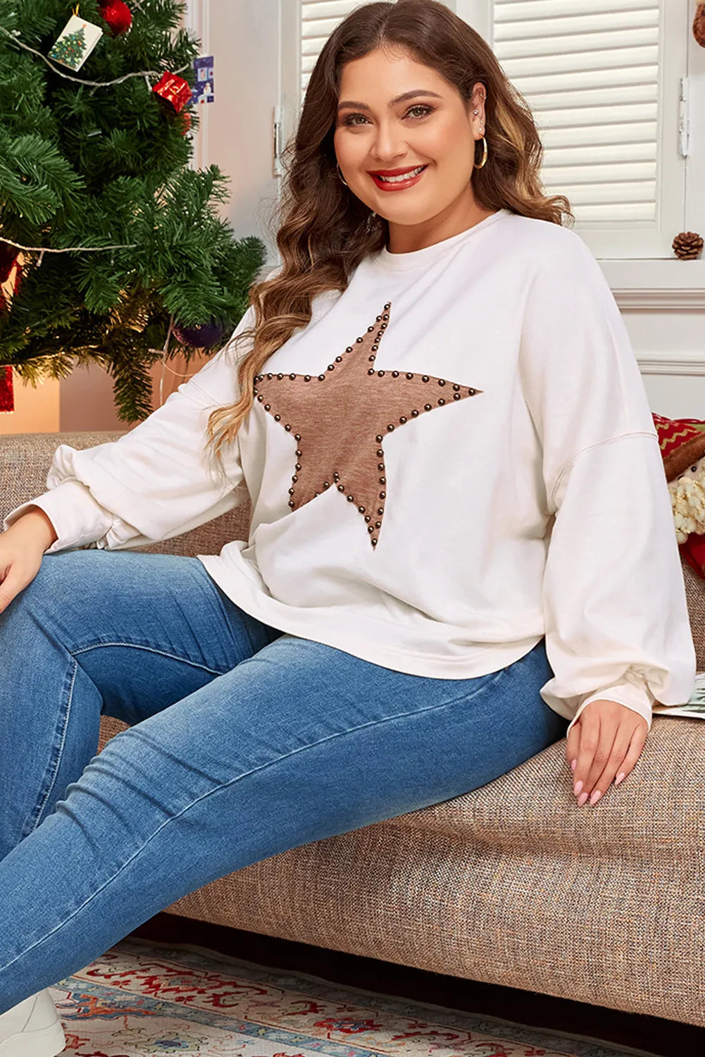 Plus Size Studded Star Round Neck Long Sleeve Blouse 