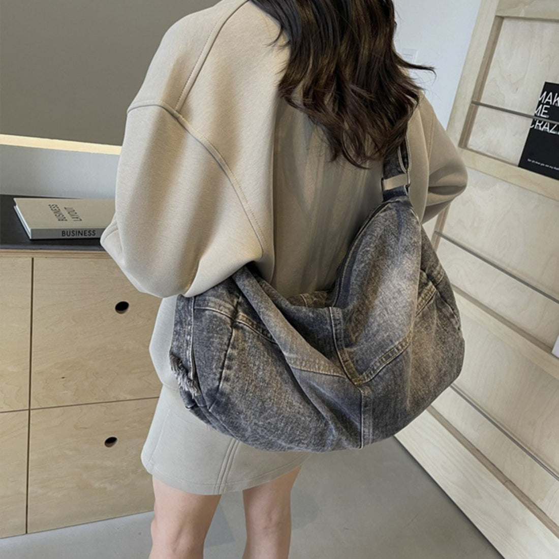 Adjustable Strap Denim Tote Bag 