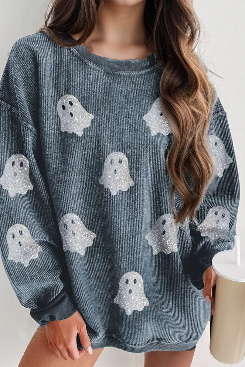Glitter Ghost Round Neck Long Sleeve Sweatshirt 