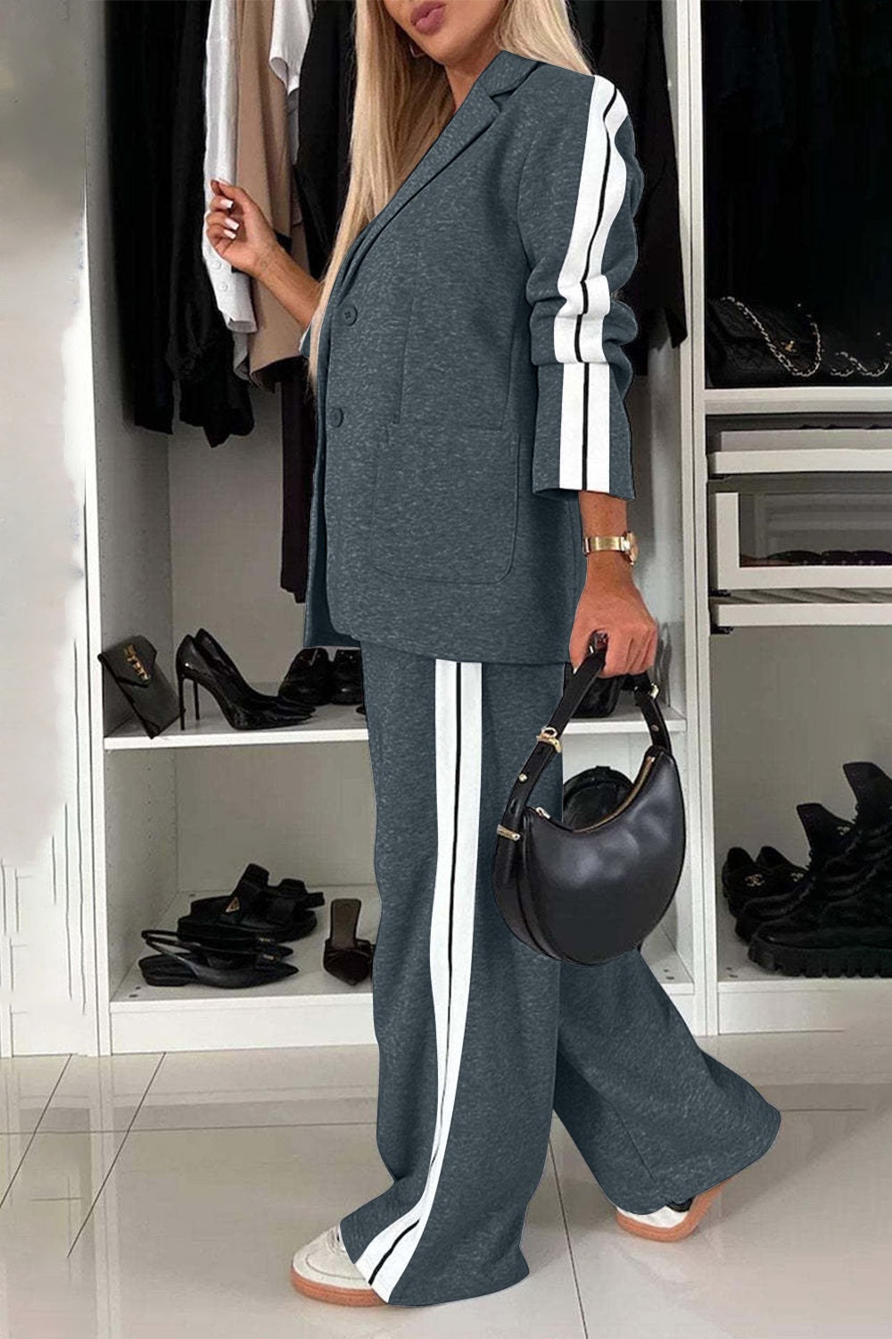 Full Size Contrast Lapel Collar Top and Pants Set 