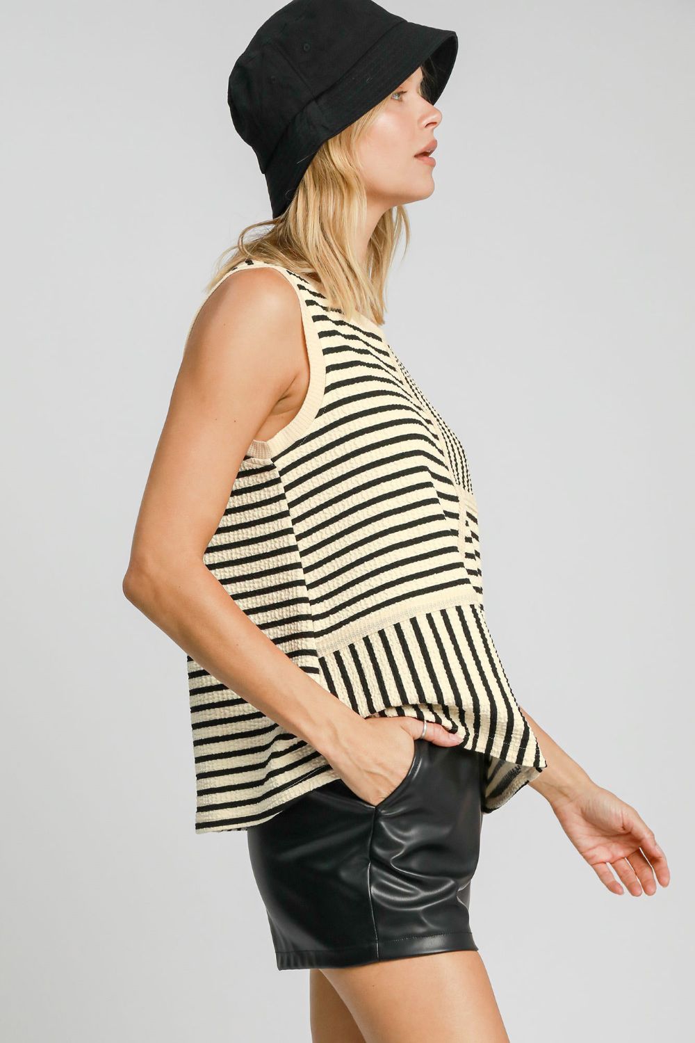 Umgee Round Neck Texture Striped Tank 