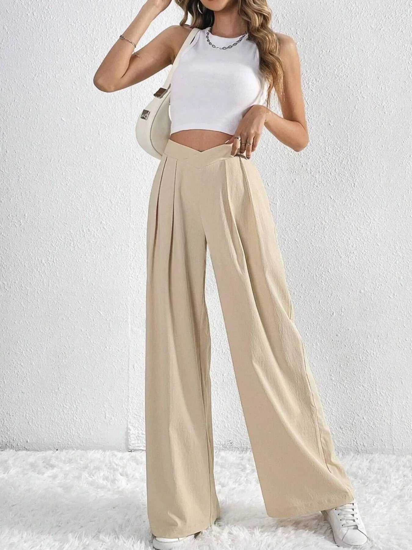 V-Waisted Ruched Front Wide Leg Pants 