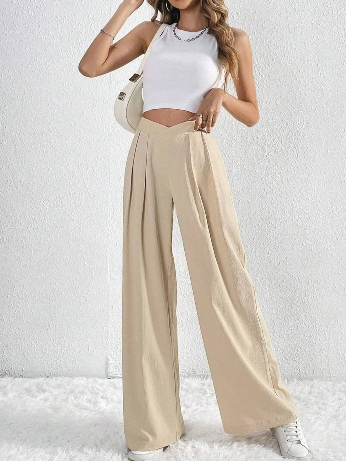 V-Waisted Ruched Front Wide Leg Pants 