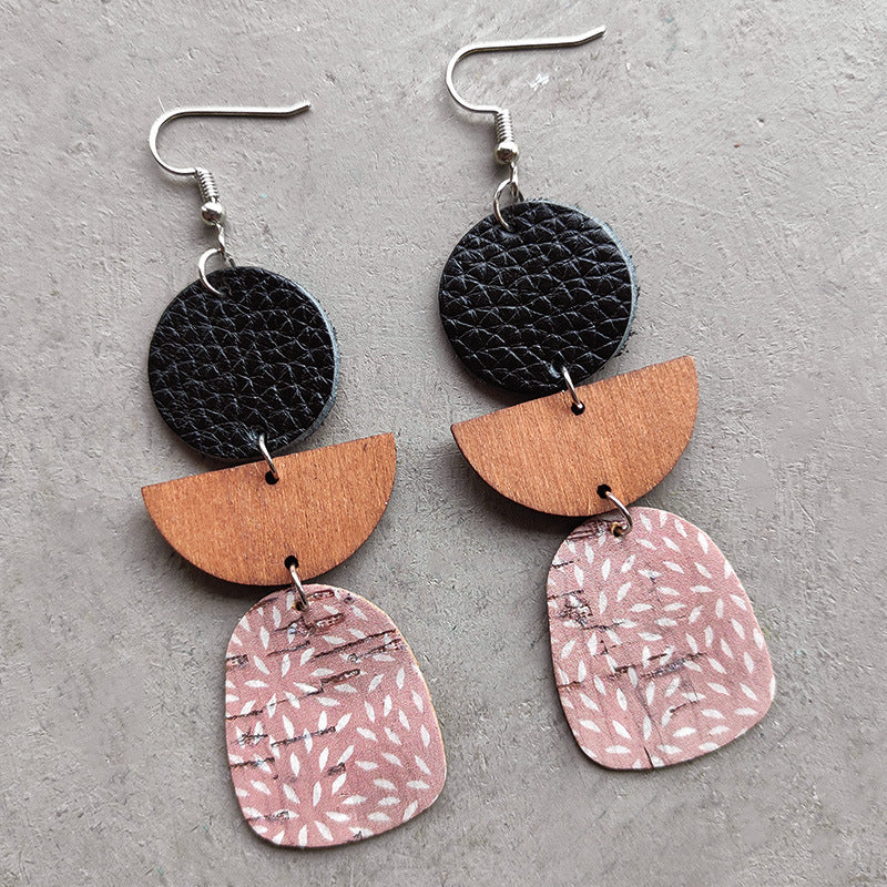 Leather & Wood Drop Earrings 