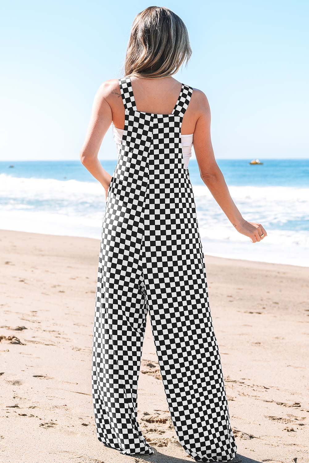 Black Checkered Print Pocketed Wide Leg Jumpsuit Bottoms/Jumpsuits & Rompers