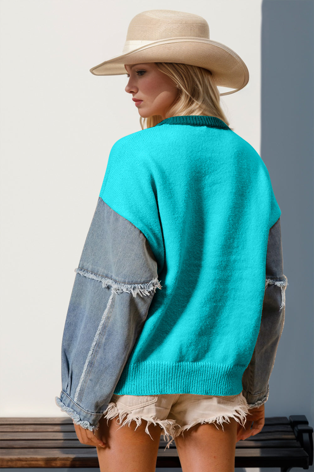 Double Take Full Size Star Pattern Raw Edge Long Sleeve Sweater 