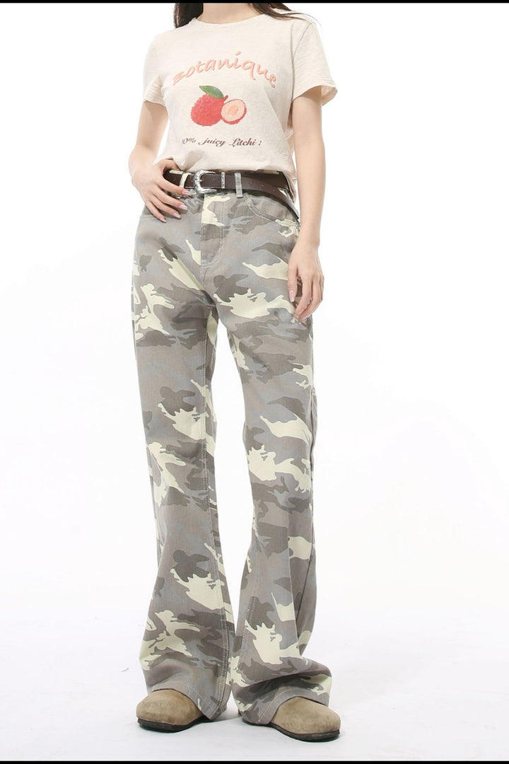 Camouflage Bootcut Jeans with Pockets 