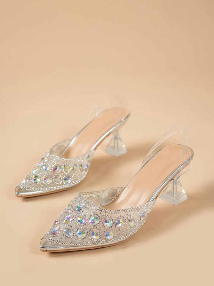 Rhinestone Point Toe Flare Heel Sandals 