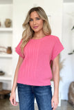Double Take Full Size Cable-Knit Round Neck Short Sleeve Sweater 