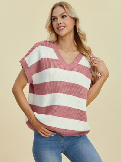 Double Take Full Size Striped V-Neck Short Sleeve Sweater 