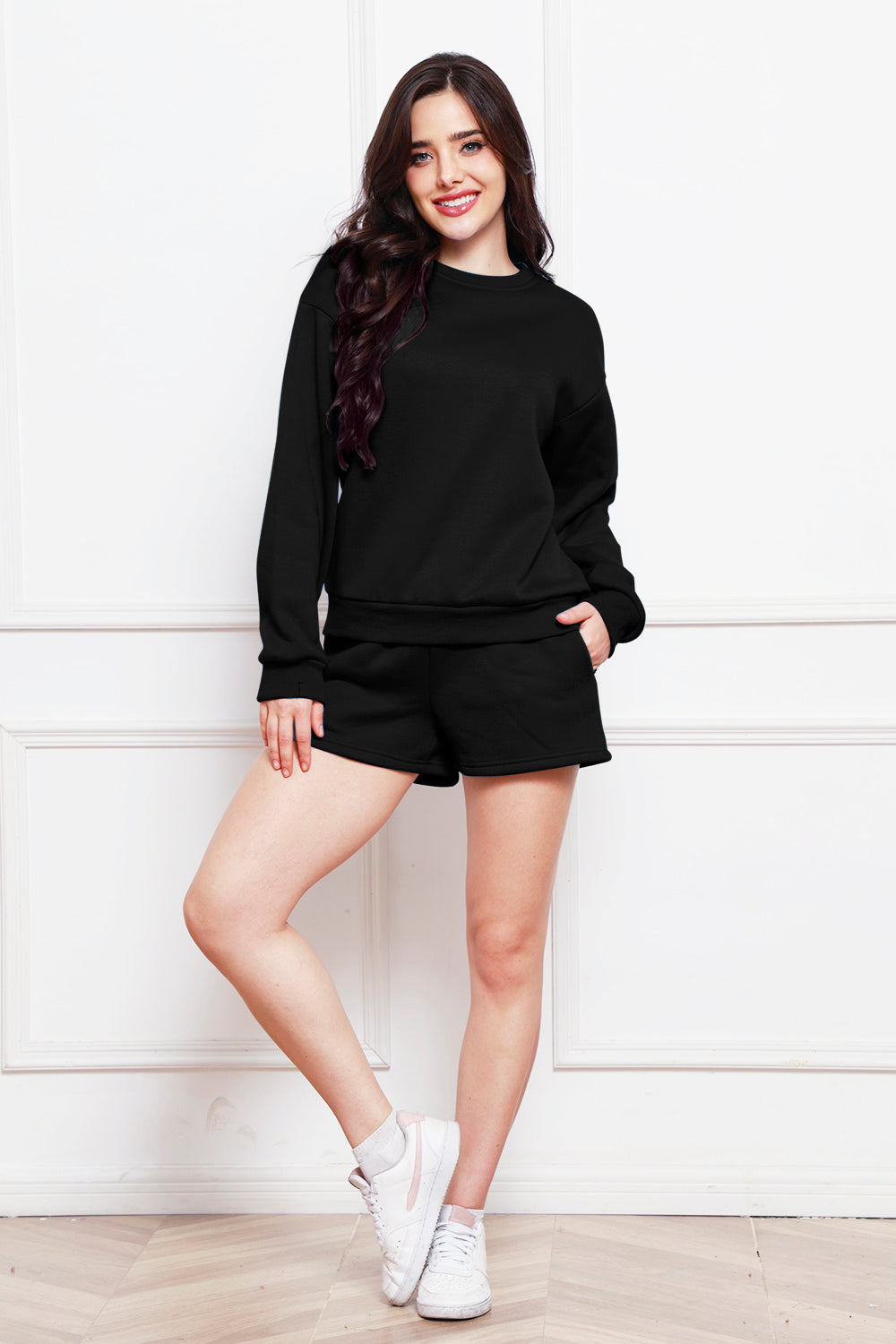 Round Neck Long Sleeve Sweatshirt and Drawstring Shorts Set 