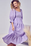 BiBi Swiss Dot Flounce Sleeve Smocked Tiered Midi Dress Dresses