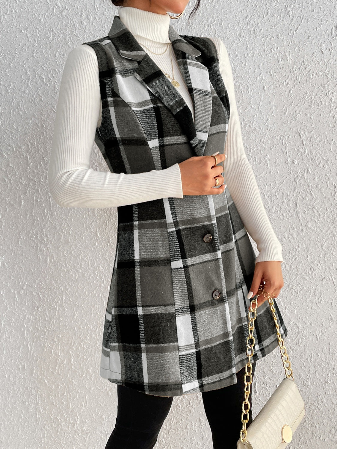 Honey Plaid Button Up Vest Coat 