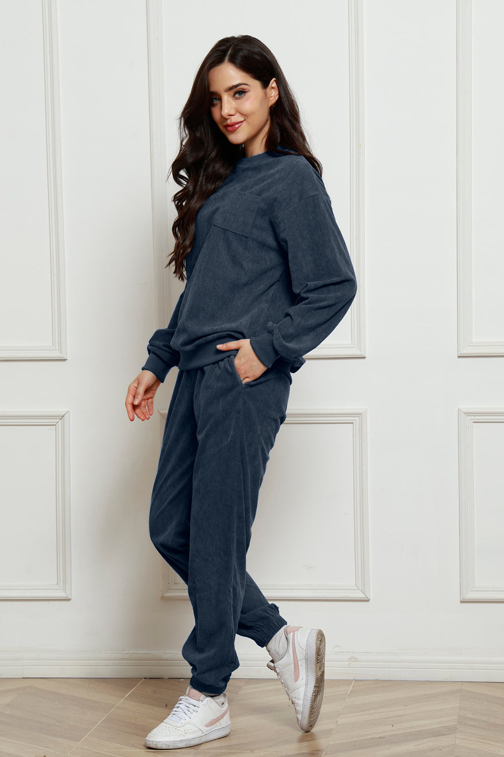 Corduroy Round Neck Sweatshirt and Sweatpants Set 