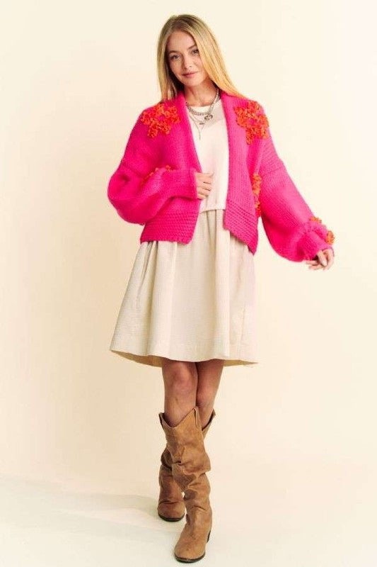 Davi & Dani Floral Applique Open Front Drop Shoulder Cardigan 