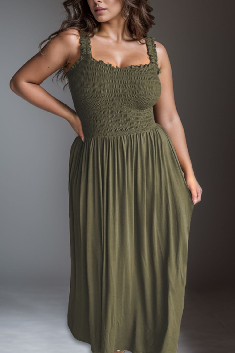 Plus Size Smocked Square Neck Maxi Dress 