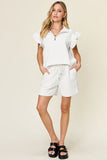 Double Take Full Size Texture Flounce Sleeve Top and Drawstring Shorts Set 