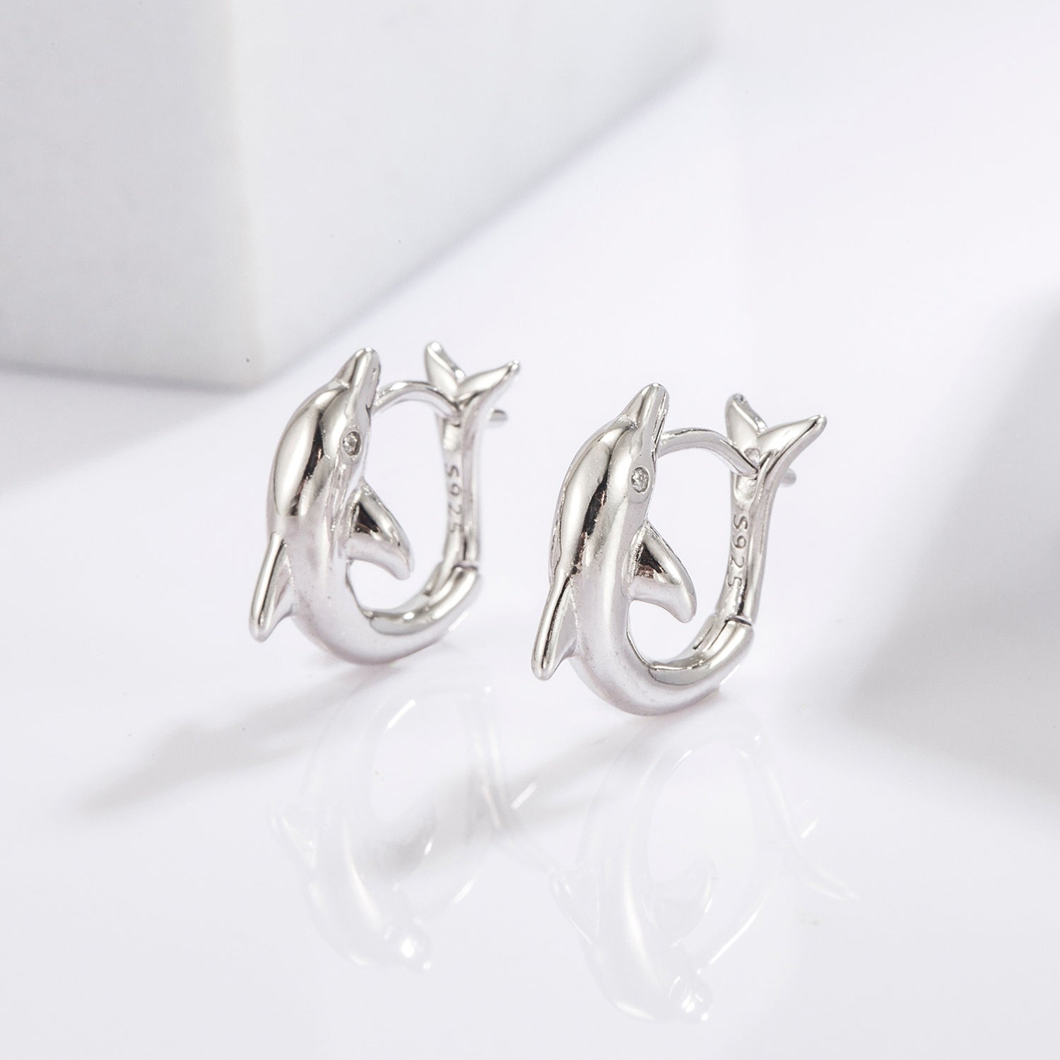 925 Sterling Silver Zircon Dolphin Earrings 