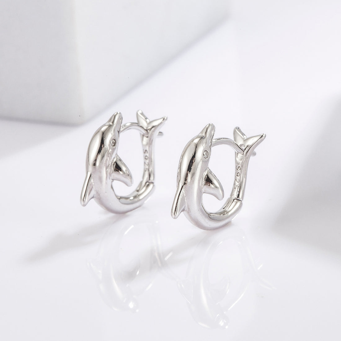 925 Sterling Silver Zircon Dolphin Earrings 